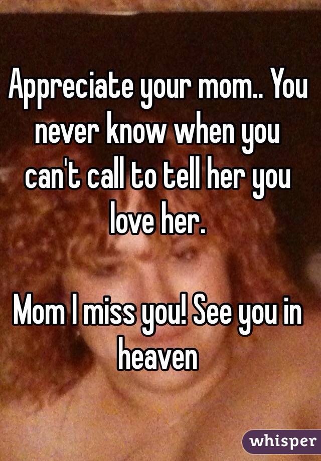 Appreciate your mom.. You never know when you can't call to tell her you love her. 

Mom I miss you! See you in heaven 