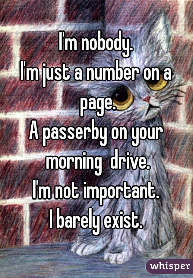 I'm nobody.
I'm just a number on a page.
A passerby on your morning  drive.
I'm not important.
I barely exist.
