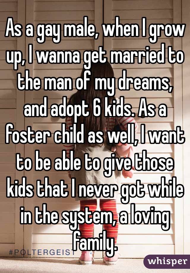 As a gay male, when I grow up, I wanna get married to the man of my dreams, and adopt 6 kids. As a foster child as well, I want to be able to give those kids that I never got while in the system, a loving family.  