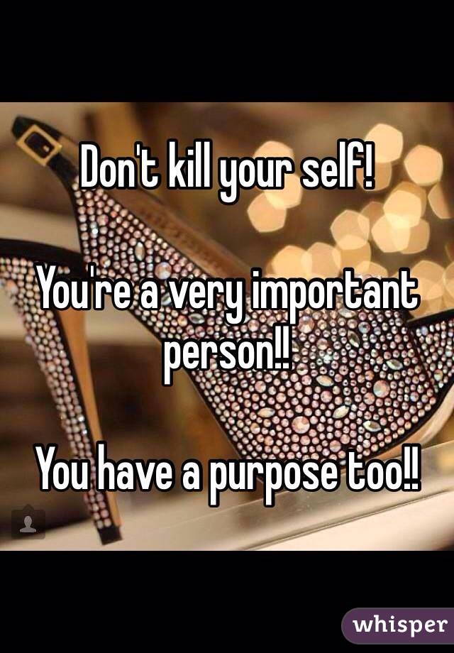 Don't kill your self! 

You're a very important person!!

You have a purpose too!! 