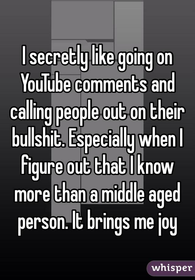 I secretly like going on YouTube comments and calling people out on their bullshit. Especially when I figure out that I know more than a middle aged person. It brings me joy
