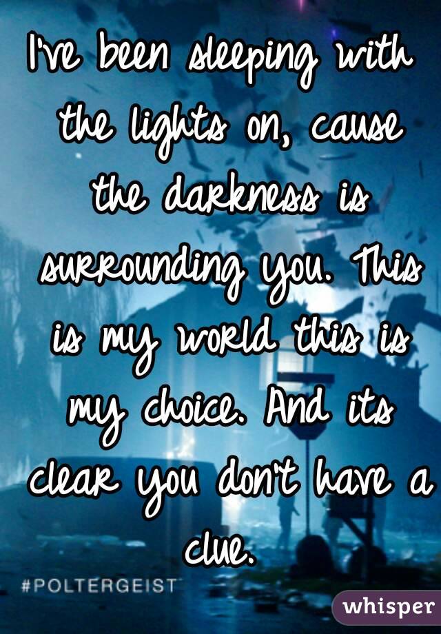 I've been sleeping with the lights on, cause the darkness is surrounding you. This is my world this is my choice. And its clear you don't have a clue. 
