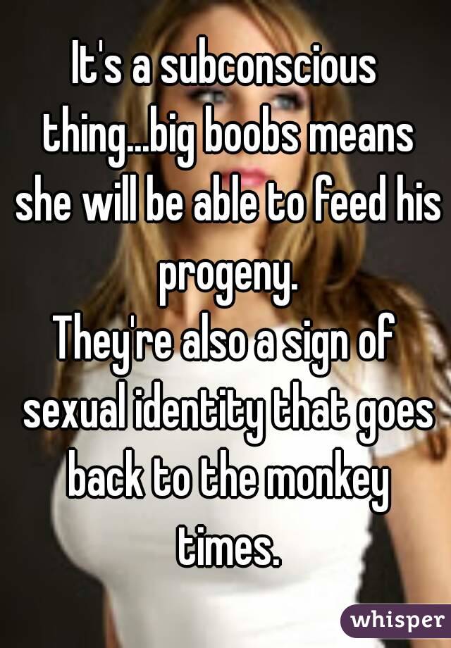It's a subconscious thing...big boobs means she will be able to feed his progeny.
They're also a sign of sexual identity that goes back to the monkey times.