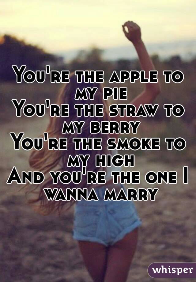 You're the apple to my pie
You're the straw to my berry
You're the smoke to my high
And you're the one I wanna marry