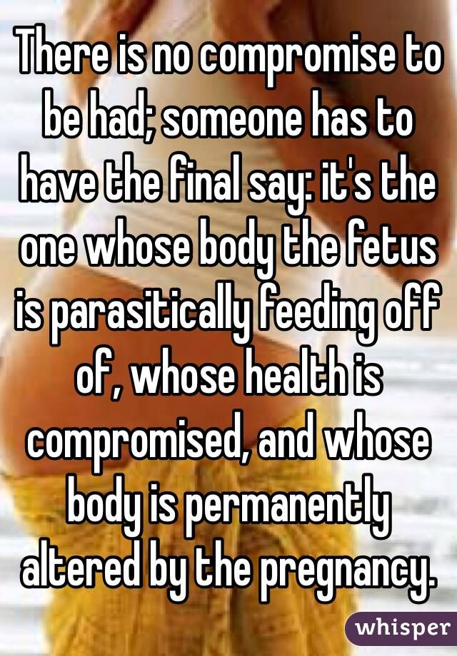 There is no compromise to be had; someone has to have the final say: it's the one whose body the fetus is parasitically feeding off of, whose health is compromised, and whose body is permanently altered by the pregnancy.