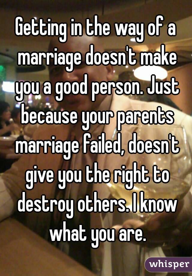 Getting in the way of a marriage doesn't make you a good person. Just because your parents marriage failed, doesn't give you the right to destroy others. I know what you are.
