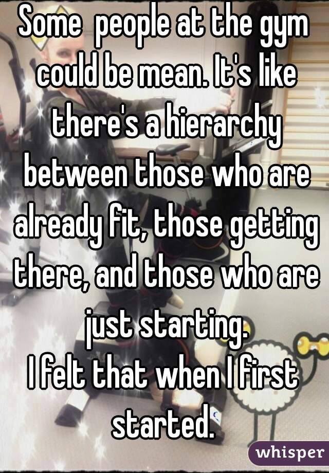 Some  people at the gym could be mean. It's like there's a hierarchy between those who are already fit, those getting there, and those who are just starting.
I felt that when I first started. 