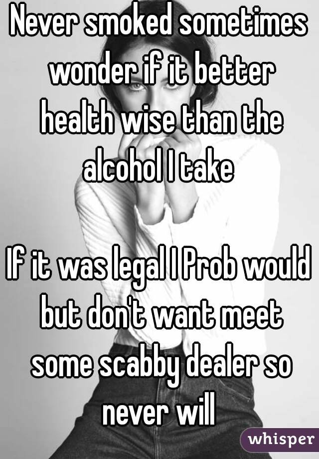 Never smoked sometimes wonder if it better health wise than the alcohol I take 

If it was legal I Prob would but don't want meet some scabby dealer so never will 