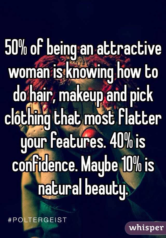 50% of being an attractive woman is knowing how to do hair, makeup and pick clothing that most flatter your features. 40% is confidence. Maybe 10% is natural beauty.  