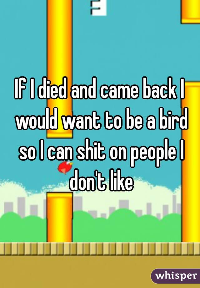 If I died and came back I would want to be a bird so I can shit on people I don't like