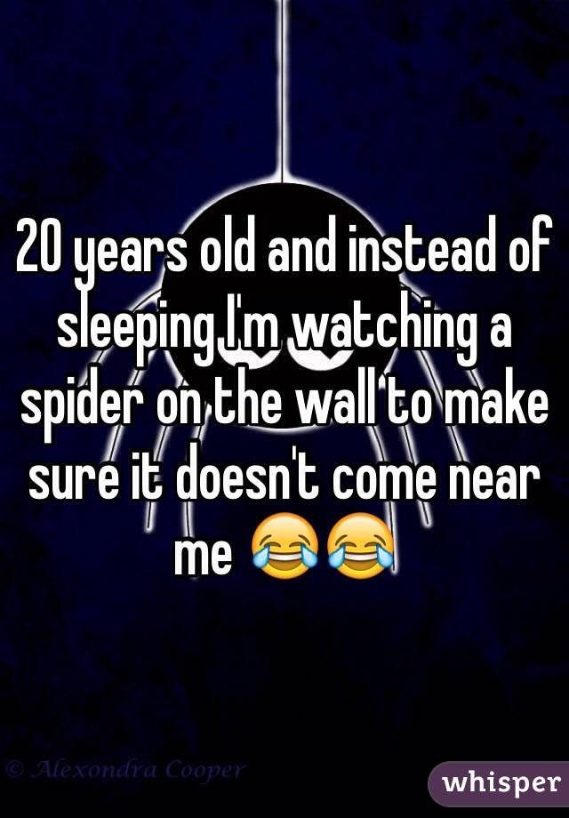 20 years old and instead of sleeping I'm watching a spider on the wall to make sure it doesn't come near me 😂😂 