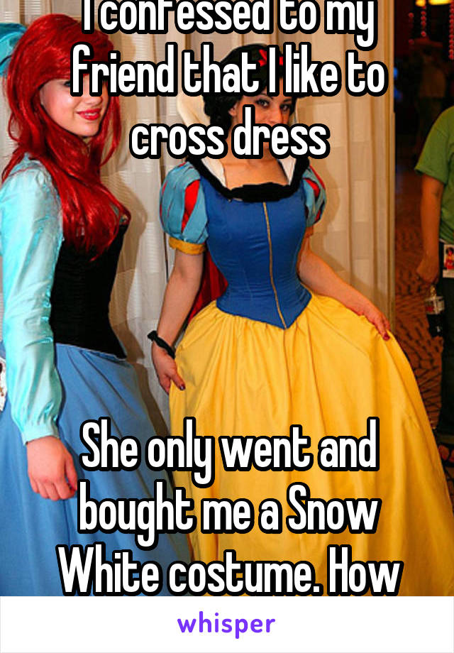 I confessed to my friend that I like to cross dress




She only went and bought me a Snow White costume. How cool is she. 