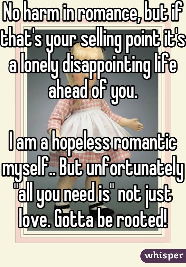 No harm in romance, but if that's your selling point it's a lonely disappointing life ahead of you.

I am a hopeless romantic myself.. But unfortunately "all you need is" not just love. Gotta be rooted!