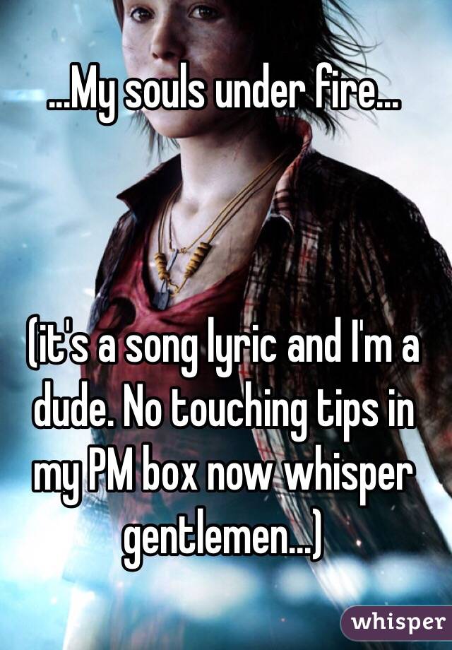 ...My souls under fire...



(it's a song lyric and I'm a dude. No touching tips in my PM box now whisper gentlemen...)