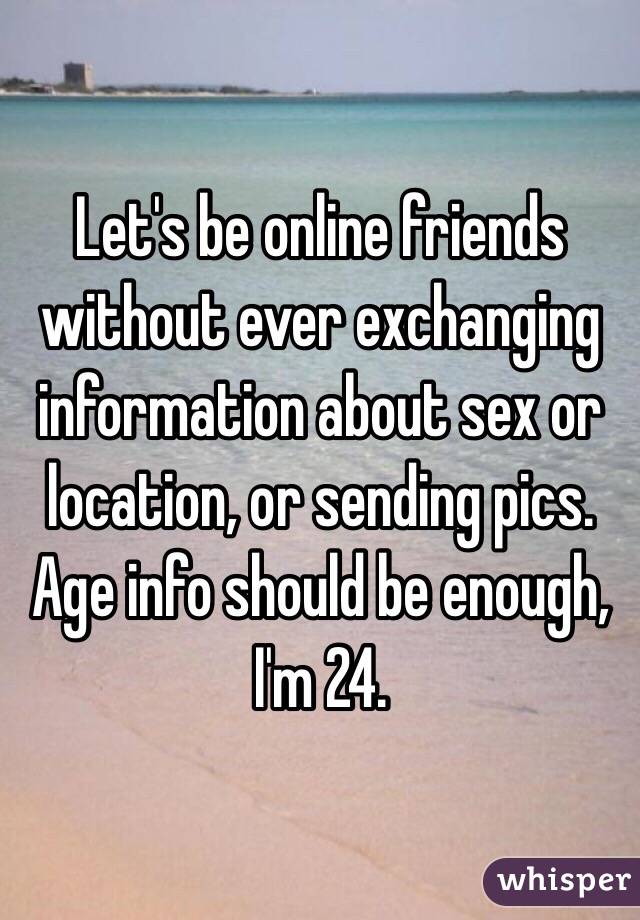 Let's be online friends without ever exchanging information about sex or location, or sending pics. Age info should be enough, I'm 24. 
