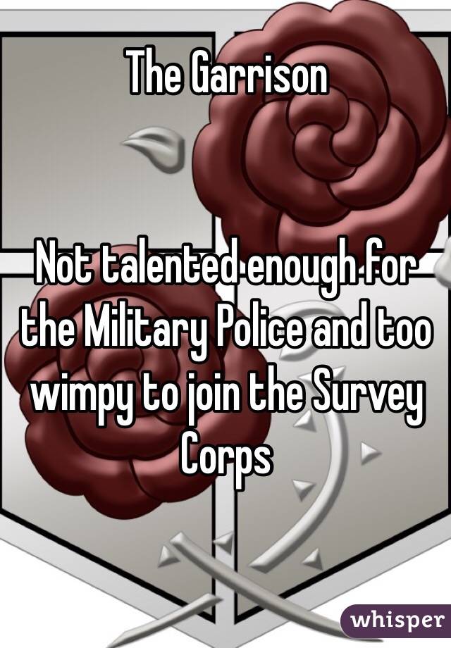 The Garrison


Not talented enough for the Military Police and too wimpy to join the Survey Corps