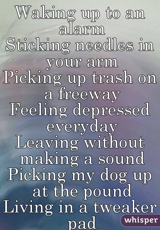 Waking up to an alarm
Sticking needles in your arm
Picking up trash on a freeway
Feeling depressed everyday
Leaving without making a sound
Picking my dog up at the pound
Living in a tweaker pad