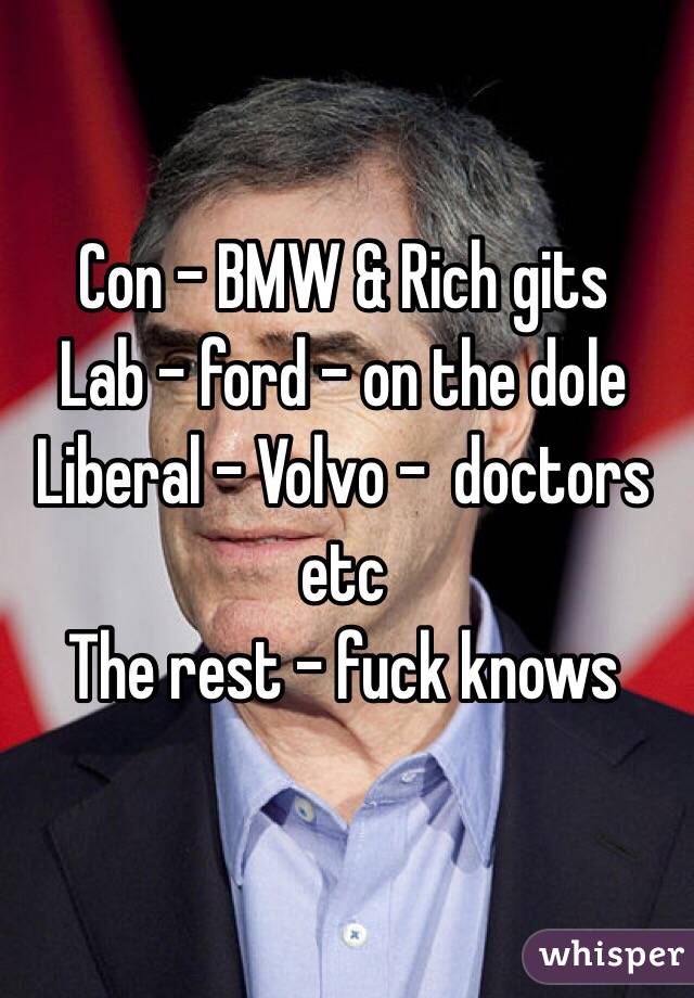 Con - BMW & Rich gits
Lab - ford - on the dole 
Liberal - Volvo -  doctors etc 
The rest - fuck knows 

