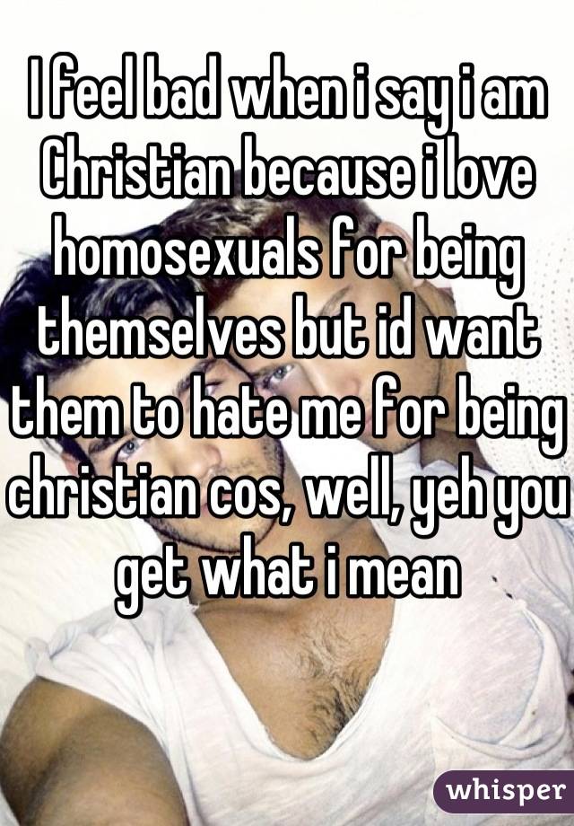 I feel bad when i say i am Christian because i love homosexuals for being themselves but id want them to hate me for being christian cos, well, yeh you get what i mean