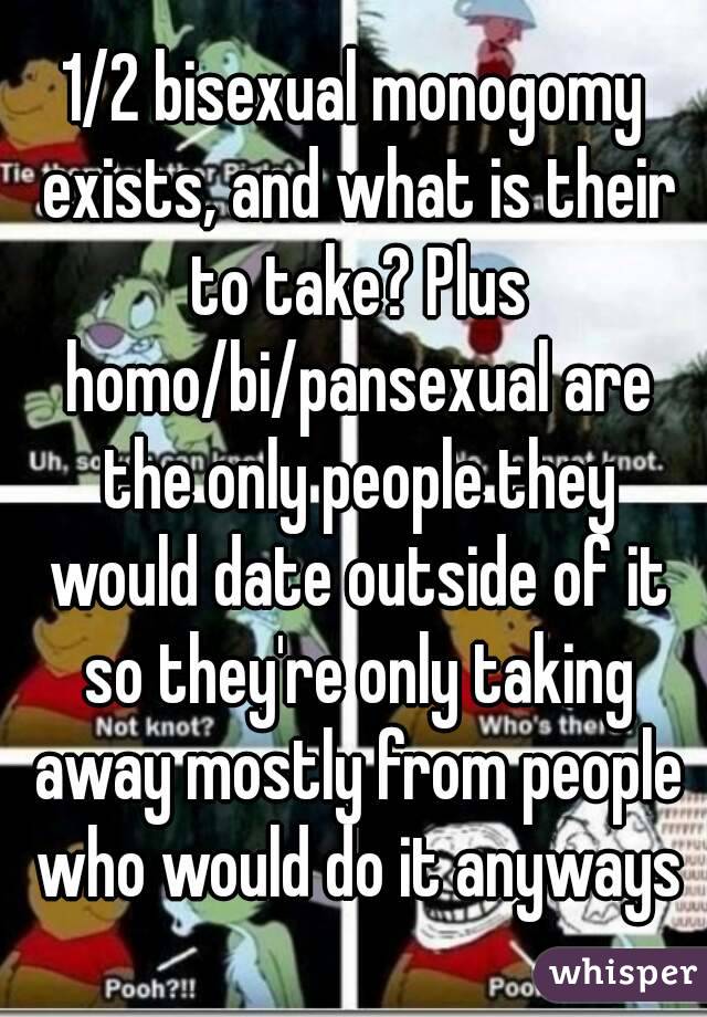 1/2 bisexual monogomy exists, and what is their to take? Plus homo/bi/pansexual are the only people they would date outside of it so they're only taking away mostly from people who would do it anyways