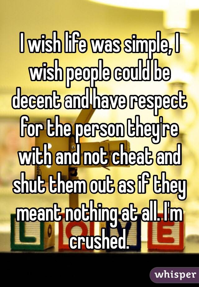 I wish life was simple, I wish people could be decent and have respect for the person they're with and not cheat and shut them out as if they meant nothing at all. I'm crushed.
