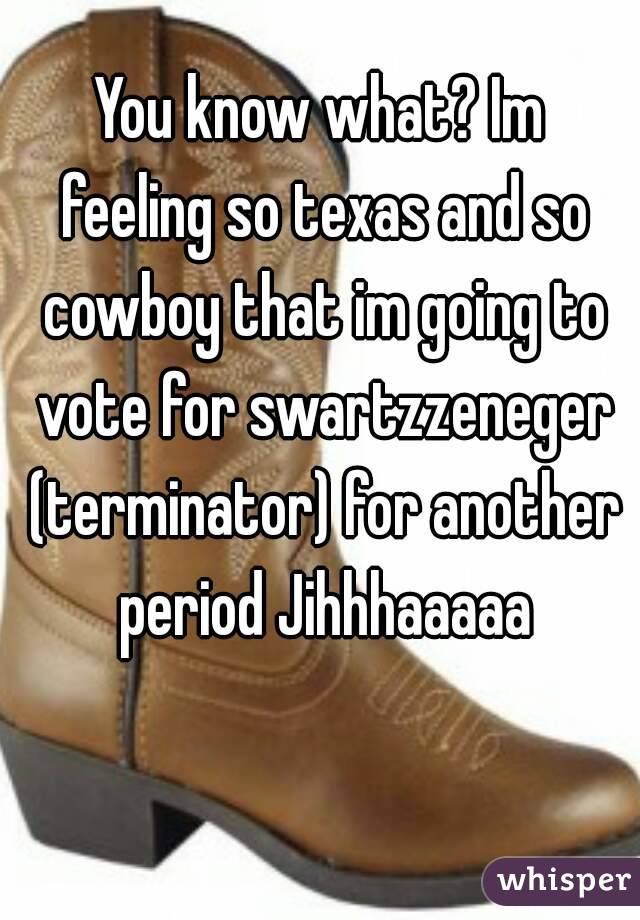 You know what? Im feeling so texas and so cowboy that im going to vote for swartzzeneger (terminator) for another period Jihhhaaaaa