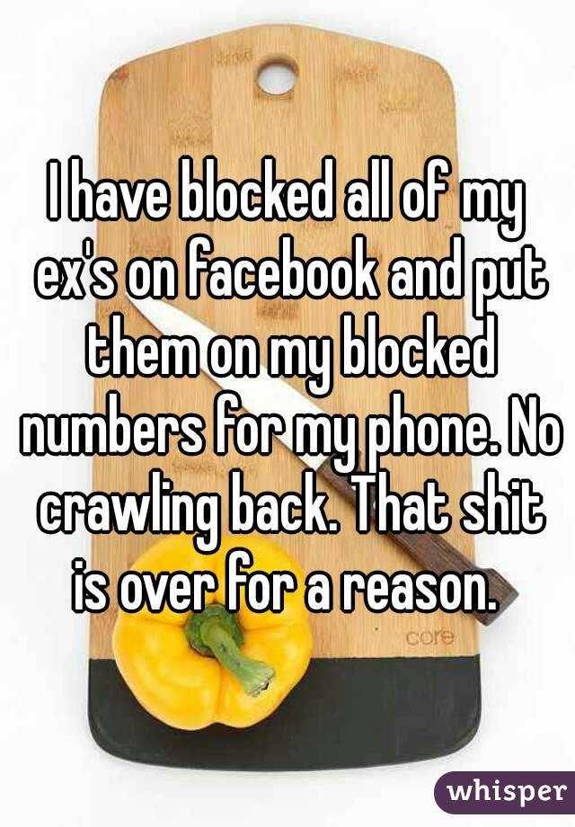 I have blocked all of my ex's on facebook and put them on my blocked numbers for my phone. No crawling back. That shit is over for a reason. 