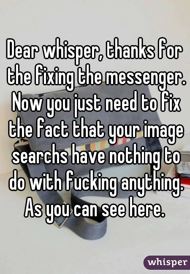 Dear whisper, thanks for the fixing the messenger. Now you just need to fix the fact that your image searchs have nothing to do with fucking anything. As you can see here. 