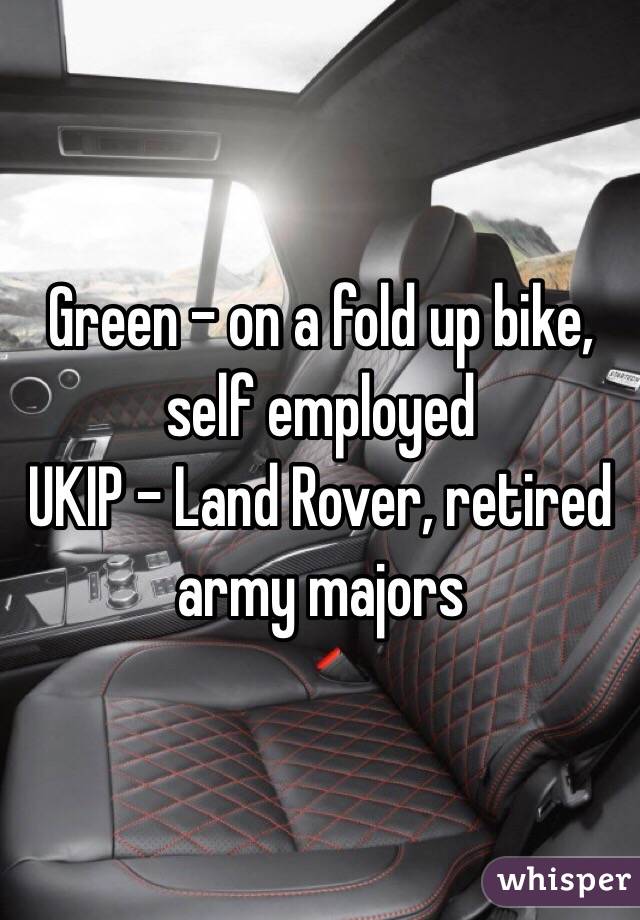 Green - on a fold up bike, self employed
UKIP - Land Rover, retired army majors