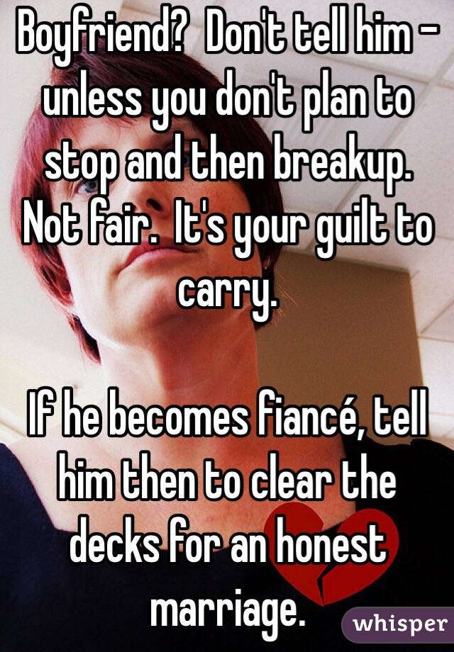 Boyfriend?  Don't tell him - unless you don't plan to stop and then breakup. Not fair.  It's your guilt to carry. 

If he becomes fiancé, tell him then to clear the decks for an honest marriage. 