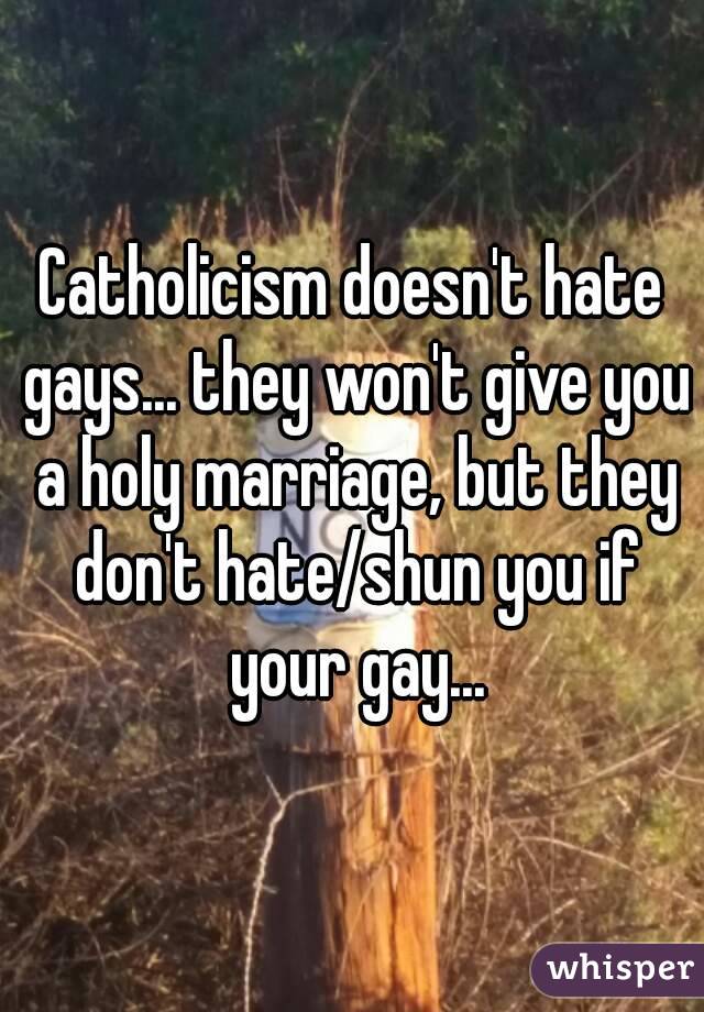 Catholicism doesn't hate gays... they won't give you a holy marriage, but they don't hate/shun you if your gay...