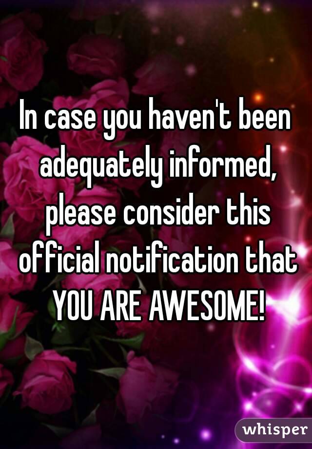 In case you haven't been adequately informed, please consider this official notification that YOU ARE AWESOME!