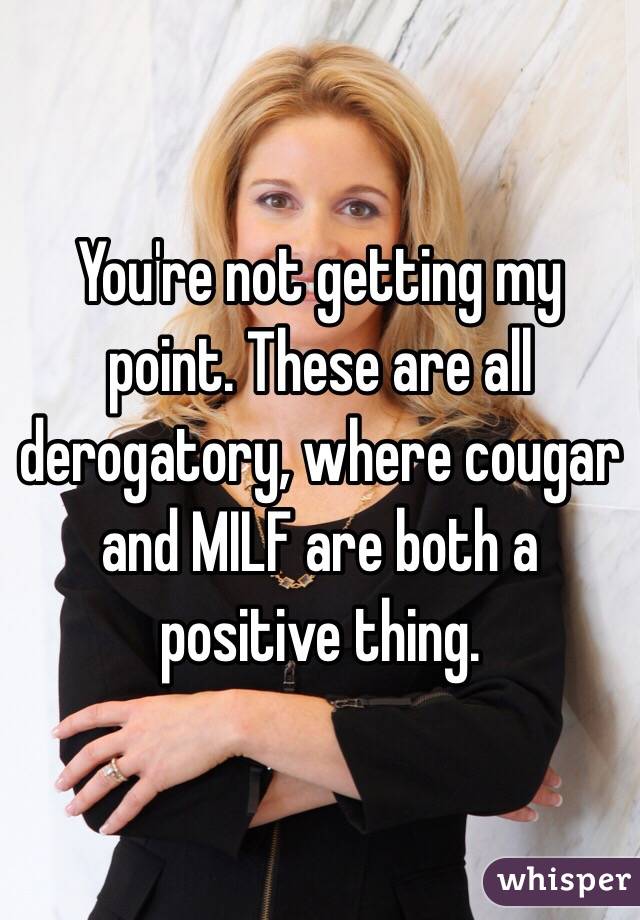 You're not getting my point. These are all derogatory, where cougar and MILF are both a positive thing. 