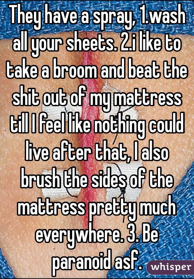 They have a spray, 1.wash all your sheets. 2.i like to take a broom and beat the shit out of my mattress till I feel like nothing could live after that, I also brush the sides of the mattress pretty much everywhere. 3. Be paranoid asf.