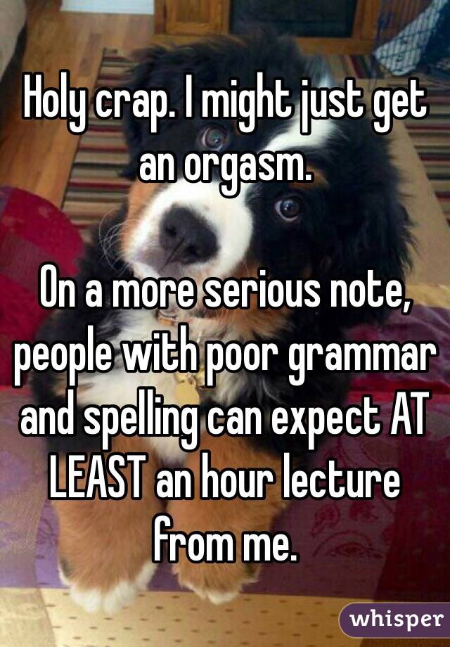 Holy crap. I might just get an orgasm.

On a more serious note, people with poor grammar and spelling can expect AT LEAST an hour lecture from me. 