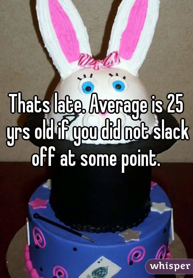 Thats late. Average is 25 yrs old if you did not slack off at some point. 