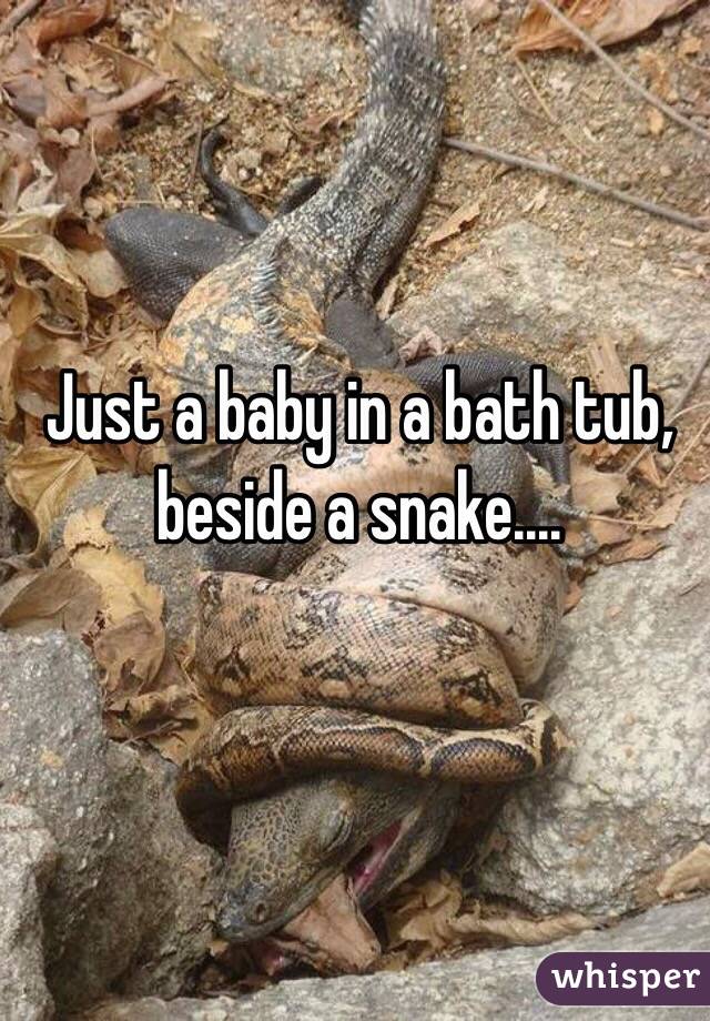 Just a baby in a bath tub, beside a snake....