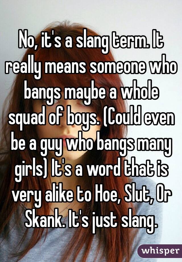 No, it's a slang term. It really means someone who bangs maybe a whole squad of boys. (Could even be a guy who bangs many girls) It's a word that is very alike to Hoe, Slut, Or Skank. It's just slang. 