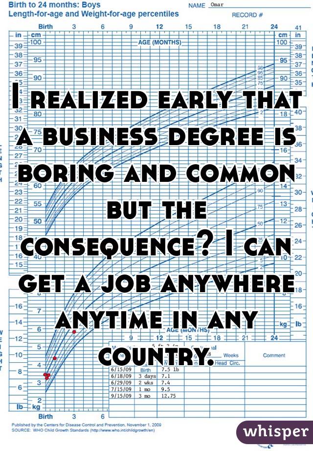 I realized early that a business degree is boring and common but the consequence? I can get a job anywhere anytime in any country. 