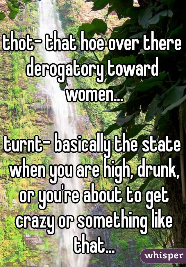 thot- that hoe over there
derogatory toward women...

turnt- basically the state when you are high, drunk, or you're about to get crazy or something like that...