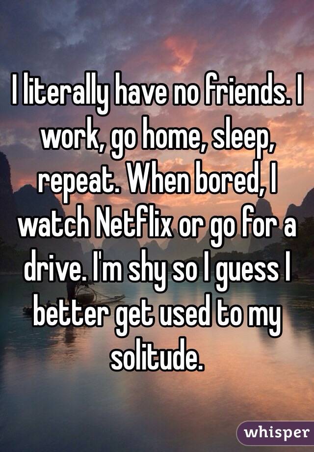 I literally have no friends. I work, go home, sleep, repeat. When bored, I watch Netflix or go for a drive. I'm shy so I guess I better get used to my solitude. 