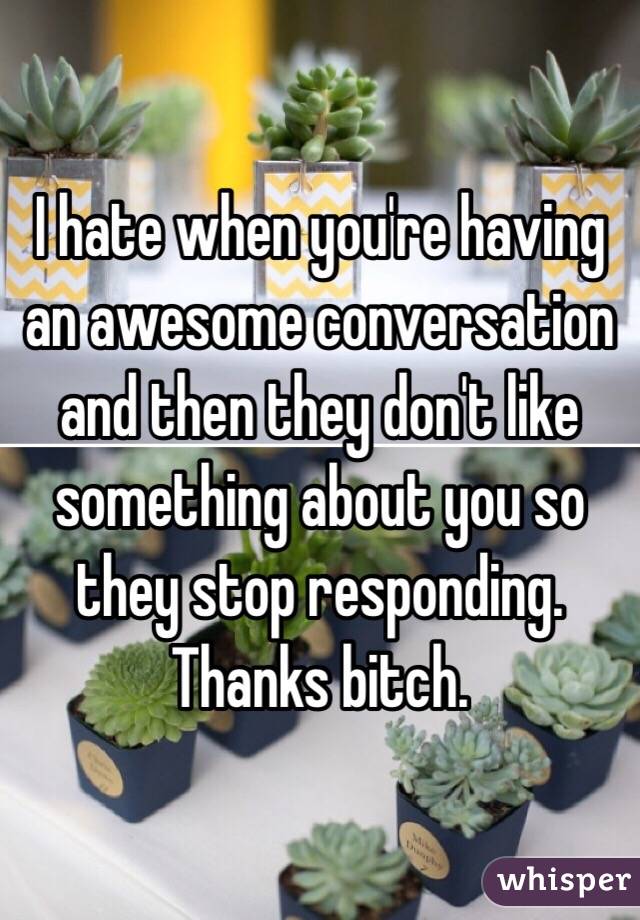 I hate when you're having an awesome conversation and then they don't like something about you so they stop responding. Thanks bitch. 