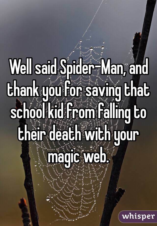 Well said Spider-Man, and thank you for saving that school kid from falling to their death with your magic web. 