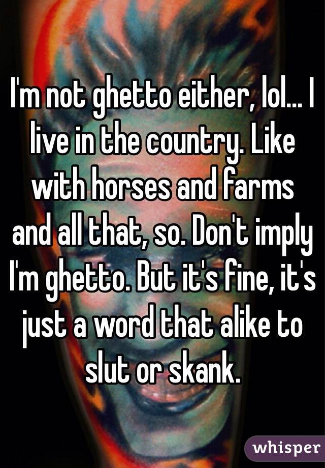 I'm not ghetto either, lol... I live in the country. Like with horses and farms and all that, so. Don't imply I'm ghetto. But it's fine, it's just a word that alike to slut or skank. 