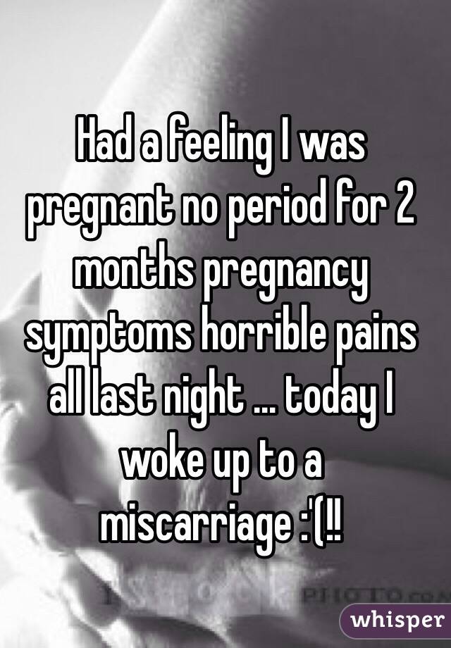 Had a feeling I was pregnant no period for 2 months pregnancy symptoms horrible pains all last night ... today I woke up to a miscarriage :'(!! 