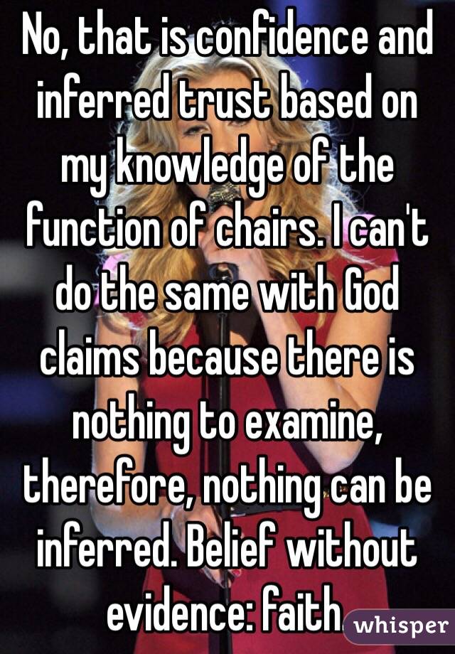 No, that is confidence and inferred trust based on my knowledge of the function of chairs. I can't do the same with God claims because there is nothing to examine, therefore, nothing can be inferred. Belief without evidence: faith.