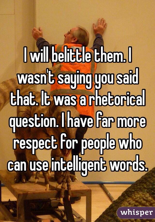 I will belittle them. I wasn't saying you said that. It was a rhetorical question. I have far more respect for people who can use intelligent words. 