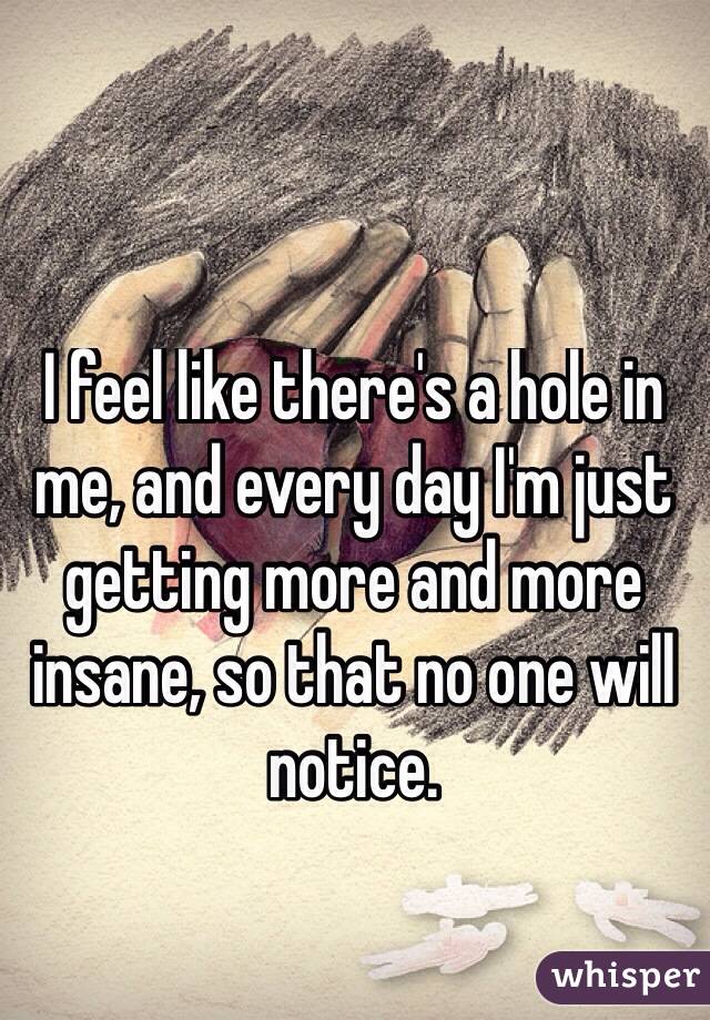 I feel like there's a hole in me, and every day I'm just getting more and more insane, so that no one will notice.
