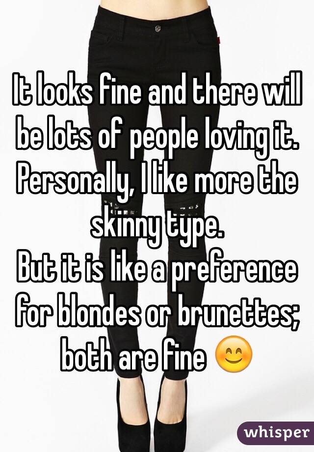It looks fine and there will be lots of people loving it. Personally, I like more the skinny type. 
But it is like a preference for blondes or brunettes; both are fine 😊