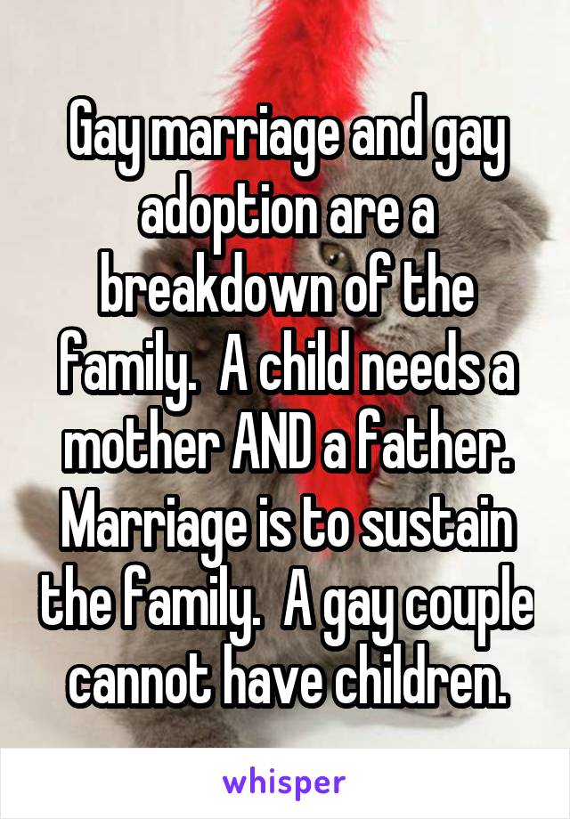 Gay marriage and gay adoption are a breakdown of the family.  A child needs a mother AND a father. Marriage is to sustain the family.  A gay couple cannot have children.